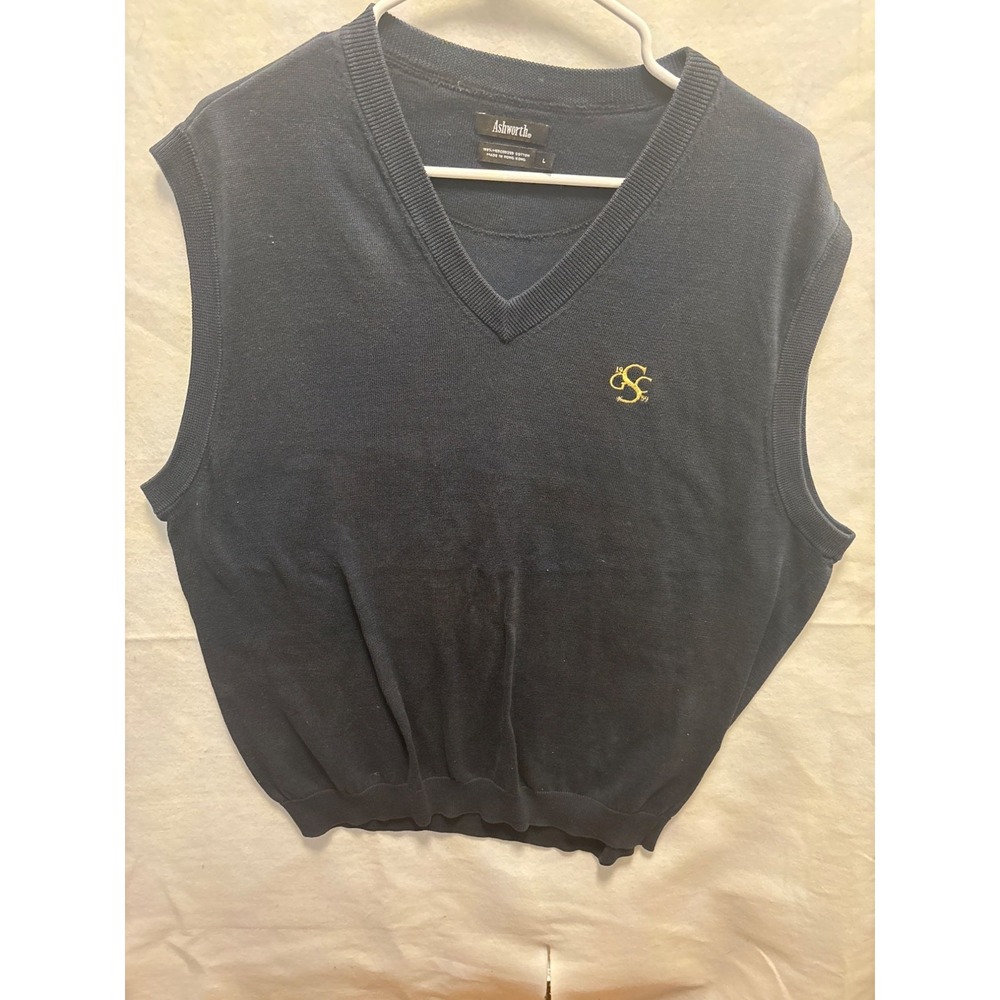 Ashworth Sweater Vest Mens L Navy Blue V-Neck GSC 1959 Golf Cotton 1682